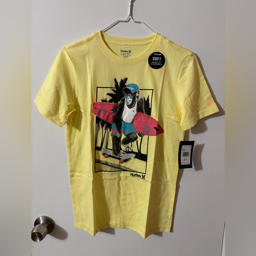 Boys Large Hurley Vibrant Yellow Monkey Surf Graphic Tee Tote11
